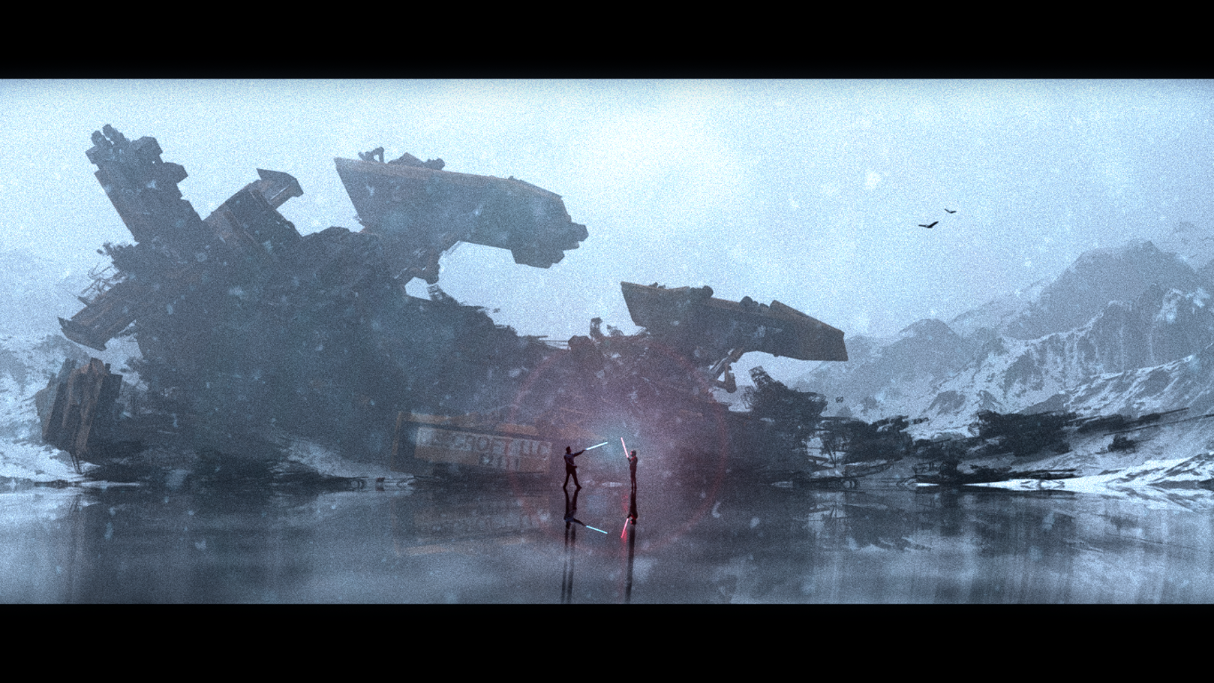 A sci-fi landscape with wreckage in snow-covered mountains